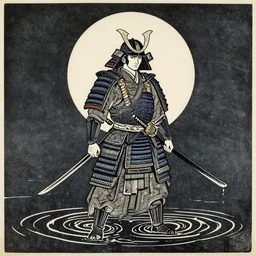 old printmaking woodblock print of a intricately detailed samurai with a katana standing in water with ripples around him and a big sun above, beautiful dark fantasy, 8k detail