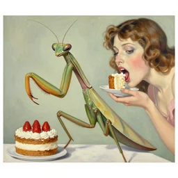 a giant mantis with a woman's distorted face eats a cake by william morris w 7 0 4