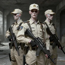 pale undead security guard officers in beige uniform and caps with background brutalist concrete interior trending on artstation digital painting highly detailed 4 k 8 k holding bullpups hd by greg rutkowski