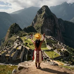 an incan shaman doing a prayer to the sun on a mountain with arms up, machu picchu, matte painting, fantasy art, hyper detailed