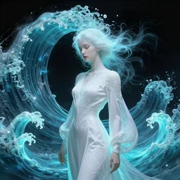 a photograpic portrait of a anthropomorphic bioluminescent water wave wearing white clothes, fantasy, intricate, elegant, highly detailed, digital painting, artstation, concept art, smooth, sharp focus, illustration, art by artgerm and h r giger and alphonse mucha