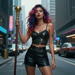 fashion photography of a gorgeous latin woman with colorful hairs, holding a staff, cyberpunk city street, illustration, cinematic color grading, hyperrealism, elegant, vfx, octane render, 8 k, by charlie bowater