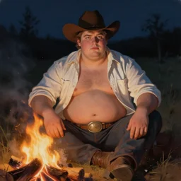 a dramatic, ethereal painting of a handsome chubby mischievous cowboy with an open shirt sitting behind a campfire at night with food and jugs of whisky | tarot!! card, art deco, art nouveau | by Mark Maggiori | trending on artstation