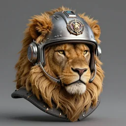 portrait of a lion wearing a futuristic helmet, synth - wave, badge, enamel