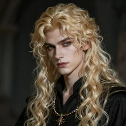 blond long curly haired Lucius bloodborne concept art, dramatic darkness, handsome young vampire prince brooding, soft focus