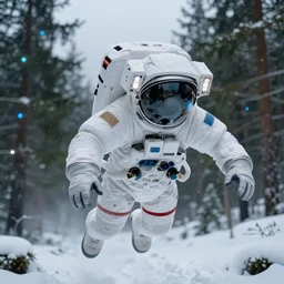 close - up portrait of flying body of space astronaut with white spacesuit in weightlessness inside siberian big green pines snow forest, small foggy and gloomy, blue lights, bokeh background, close - up shot, highly detailed science fiction illustration by jeremy geddes. photorealistic, octane render, hyper detailed, 8 k, movie still, artstation, unreal engine