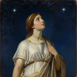 painting of hypatia of alexandria, beautiful mediterranean young woman, looking in awe at the night sky full of stars
