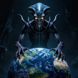 the illithid puppetmaster looms over the globe, horror movie poster, glowing eyes