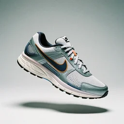 a studio photoshoot of A floating Nike running sneaker designed by Virgil Abloh, mesh fabrics, Off-White, realistic, color film photography by Tlyer Mitchell, 35 mm, graflex