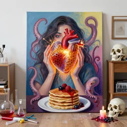 a women holding an electronic heart, sparks, honeycomb, organic, femme, a portrait in a female art student's apartment, pancakes, berries, octopus, surgical supplies, skull, scientific glassware, cheerios, art materials, candle dripping wax, berry juice drips, neo - expressionism, surrealism, acrylic and spray paint and oilstick on canvas