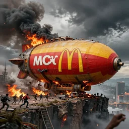 a giant mcdonald's branded steampunk airship heavily branded with huge yellow and red mcdonald's logo crashed and burning on the side of a cliff, people running in fear, flames and thick black smoke billowing, turbulent storm clouds, dystopian, sharp focus, octane render, 8 k