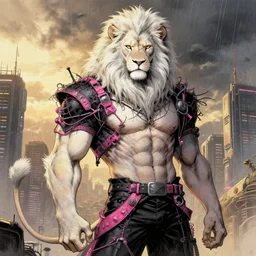 aesthetic portrait commission of a  of a male fully furry muscular anthro albino lion with a tail and a beautiful attractive hyperdetailed face wearing stylish and creative unkempt black and pink wired clothes in a sci-fi dystopian city at golden hour while it storms in the background. Character design by charlie bowater, ross tran, artgerm, and makoto shinkai, detailed, inked, western comic book art, 2021 award winning painting