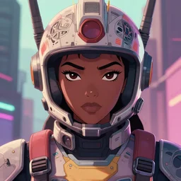 anime portrait illustration of a 👩🏿🚀 gundam pilot in an intricate helmet, hiphop urban inspired, symmetrical proportions, symmetrical perfect facial features, cinematic lighting, hd, 3 2 k, octane, unreal engine, in the style of go teen titans and disney's pixar, by denys cowan and dwayne mcduffie, pastels, rossdraws, artgerm, masterpiece