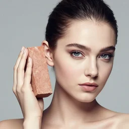 a studio close - up portrait of a beautiful fashion model holding a brick to her ear. surreal photograph, lo - fi, polished look, silly and serious, hermes ad, fashion photography, toiletpaper magazine by pierpaolo ferrari and maurizio cattelan, 3 5 mm photograph, colourful, by pierpaolo ferrari, maurizio cattelan, david lachapelle