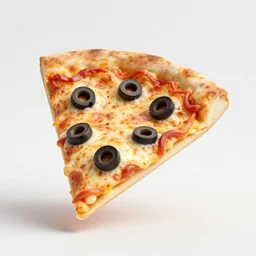 A cheezy slice of pizza with a lots of black olives, the slice is so hot, 3D render, blender, highly detailed