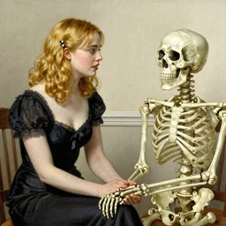 Elle Fanning holding hands with a skeleton, by Norman Rockwell, Extremely detailed. 8K. Award winning.