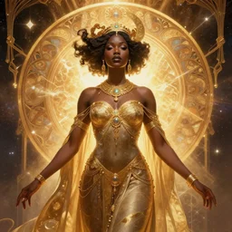 all knowing black african princess, warm volumetric lighting, cosmic, symmetric, highly detailed, elegant, concept art, heavenly, god rays, intricate, sharp focus, illustration, alexandros pyromallis, bouguereau, rutkowski, artgerm, alphonse mucha