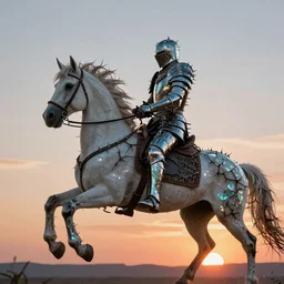 knight with armor made of thorns and glass rides a white unicorn into the sunset, concept art, cinematic light by artgerm
