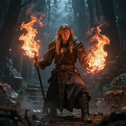a mage in a fantasy setting casting a fire spell