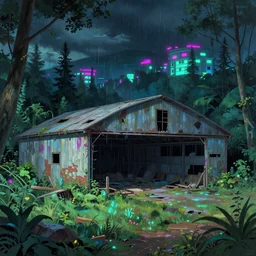a beautiful ultradetailed painting of unfinished building abandoned nature urbex hangar by eugene boudin, neon noir studio ghibli assassin's creed rainforest synthwave nightvision uv light meadow, archdaily, wallpaper, highly detailed, trending on artstation.