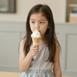 young bemused girl wearing skirt and eating an ice cream cone.