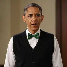 obama wearing a black sweater vest and a green bow tie, still from riverdale