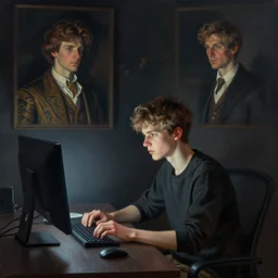boy on computer dark room, elegant, intricate, digital painting, artstation, concept art, smooth, sharp focus, illustration, art by konstantin korovin and daniel f. gerhartz and john howe