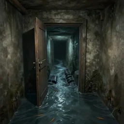door leads from the flooded sewer tunnels to the basement. fantasy art, underground, stream, musty, damp, sewage, darkness, water fall, underground, catacombs, abandoned spaces, torchlight. sketch art earthdawn campaign setting. myth drannor. parlainth. d & d.