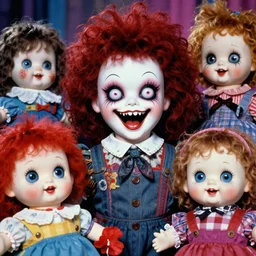 a colorful portrait photograph of divine, 1 9 9 0 s, with diabolical cursed creepy dolls, poppy playtime style, with crazy laughs and crazy eyes, taken by martin parr, saturated colour photo, high definition, 8 k