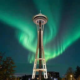 vivid and beautiful aroura northern lights in figure of virgin mary above space needle centered big sky film long exposure fuji wide angle national geographic