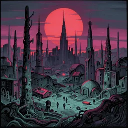 a bleak dystopian world, divided down the middle in the vivid vaporwave style of gustave dore