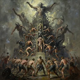 oil paint of 1 1 flayed god machines in tiers, dethroning battle, by basil wolverton, shigeru komatsuzaki, wayne d barlowe, stefano tamburini, narrative light, muted colors, epic, hyper detailed, awe inspiring, award winning horror, narrative lighting, hyper realism, cinematical