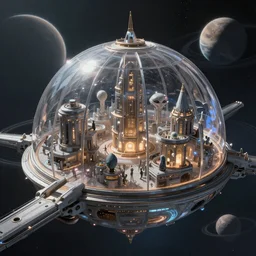 an extremely detailed masterpiece epic color scene of a glass domed futuristic city spaceship with extraterrestrial citizens as it cruises through space to a ringed planet, in the style of frank paul lehr and lebbeus woods, intricate, elegant, highly detailed, digital painting, artstation, cinematic lighting, extremely moody lighting, glowing light and shadow, 4 k