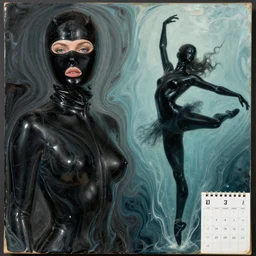 two beautiful female body silhouettes sculpts, fantasy comics, beautiful marbling acrylic fluid portrait, amy leibowitz, renaissance painting by michaelangelo, matte fresco, black latex female balaclava, female calendar, ballerina body covered with black latex, underwater, concept art, melting glass, close up portrait, cinematic still, film still, kandinski, fashion portrait, black colors, sketch