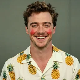 a cinematic portrait scene james franco with a very big smile on his face wearing a shirt with pineapples printed on it, red cheeks, sunny background, intricate, elegant, highly detailed, digital painting, artstation, concept art, smooth, sharp focus, illustration, art by artgerm and greg rutkowski and alphonse mucha