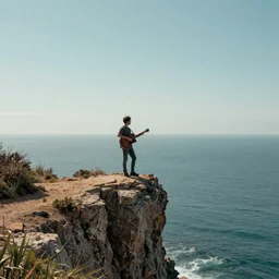 A man holding a guitar while standing on the edge of a cliff overlooking the ocean, digital art, wide shot, hi res, 4k