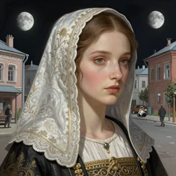 A close up futuristic portrait of a babushka on the street of a Russian sleeping quarters on the moon, Norilsk, sci-fi, fantasy, intricate, very very beautiful, elegant, highly detailed, digital painting, artstation, concept art, smooth, sharp focus, illustration, art by artgerm and greg rutkowski and alphonse mucha