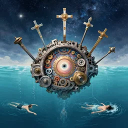 falling sky. seven holy stakes. a portal to another world. parabolic gearbox. expanding universe. time controlled by slipping cogwheels. existence of god. swimming with open water in all directions. drowning. a thread connecting all living human eyes. a kaleidoscope of holy stakes. a sky of exploding stars. god disproving the existence of god.