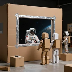 a movie set made entirely of cardboard and string and duct tape of an alien space ship, there's a window showing off space which is a poorly rendered jpeg of space, the astronauts are wearing cardboard costumes made by amateurs, photorealistic
