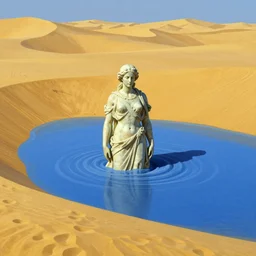 a golden salt flat surrounded by dunes with a ruined statue of a woman emerging from the blue sand, illustrated, epic composistion,, edward hopper and zdzislaw beksinski, volumetric lighting, surreal flat colors, concept art