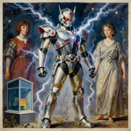 wonderous cyber king of lightning armor, monumental painting by gerrit van honthorst and hajime sorayama and edward hopper, illusion surreal art, highly conceptual figurative art, intricate detailed oil illustration, controversial poster art, polish poster art 1 9 8 0