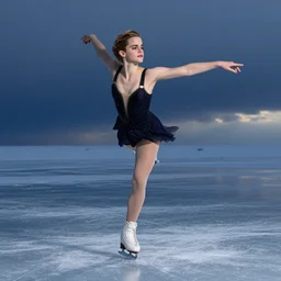 emma watson as an ice skater, on a frozen atlantic ocean, photo portrait by annie leibovitz