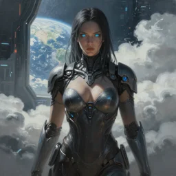 ultra realist and ultra intricate detailed soft painting of a sci-fi armored male, from the waist up, symmetry features, glowing blue eyes, sensual gloomy style, volumetric clouds, cyberpunk window overlooking earth in background, artstation, unreal render, depth of field