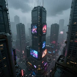 futuristic dystopian cityscape, high rises, billboard ads, neon signs, overcast, foggy, raining, depressing, ominous, imposing, industrial, cyberpunk, view from above, dramatic illumination, multi colored lighting, highly detailed, ultra realistic, 8 k, by greg rutkowski, by nathan walsh