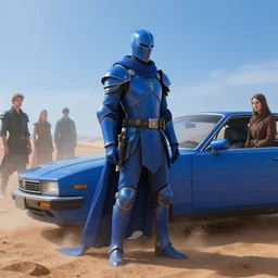 blue knight in desert standing next to car, misty blue hour, sci fi digital painting, unreal engine 5, photorealism, hd quality, 8 k resolution, cinema 4 d, 3 d, cinematic, professional photography, art by artgerm and greg rutkowski and alphonse mucha and loish and wlop