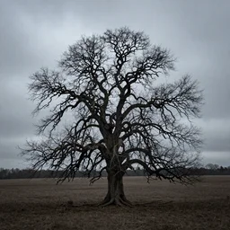 a huge, gnarly dead tree growing in the middle of a barren field on an overcast day, dark, dramatic, desaturated cold color palette, 4k, high quality