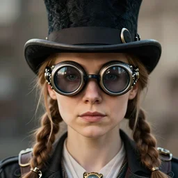 closeup portrait of a steampunk greta thunberg wearing a top hat and goggles, depth of field, zeiss lens, detailed, symmetrical, centered, fashion photoshoot, by Annie Leibovitz and Steve McCurry, David Lazar, Jimmy Nelsson, Breathtaking, 8k resolution, extremely detailed, beautiful, establishing shot, artistic, hyperrealistic, beautiful face, octane render