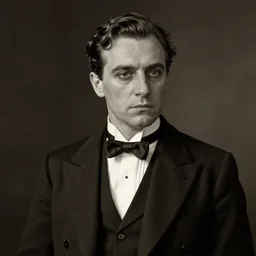 ultrarealistic sepia portrait of a 1 9 2 0 s era male magician, well dressed, slicked - back hair, long - tailed tuxedo coat, black bow tie, atmospheric lighting, dark, brooding, painted, intricate, photography, ultra detailed by dave dorman, alan moore, well composed, best on artstation, cgsociety, epic, stunning, gorgeous, intricate detail, much wow, masterpiece