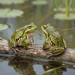 Two frogs sitting next to each other on a log in a pond, oil painting