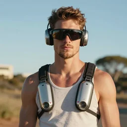 a beautiful portrait of a bloke wearing futuristic speed dealers and a tank top, on a hot australian day, high quality, photography, volumetric lighting, 8 k